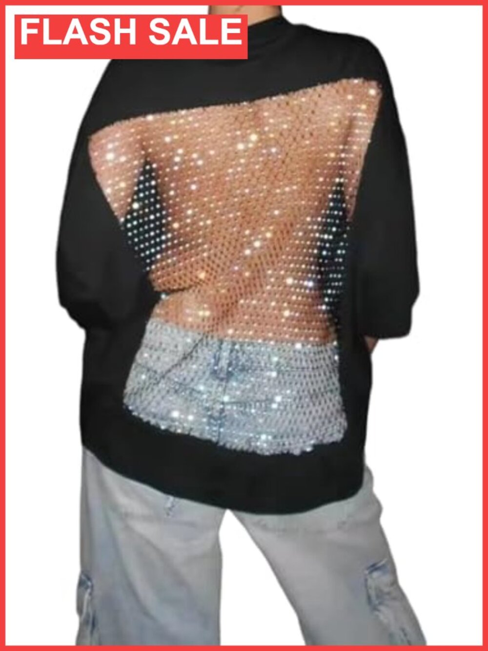 Oversized Rhinestone Backless Mesh Tee See Through Sparkle Glitter Short Sleeve